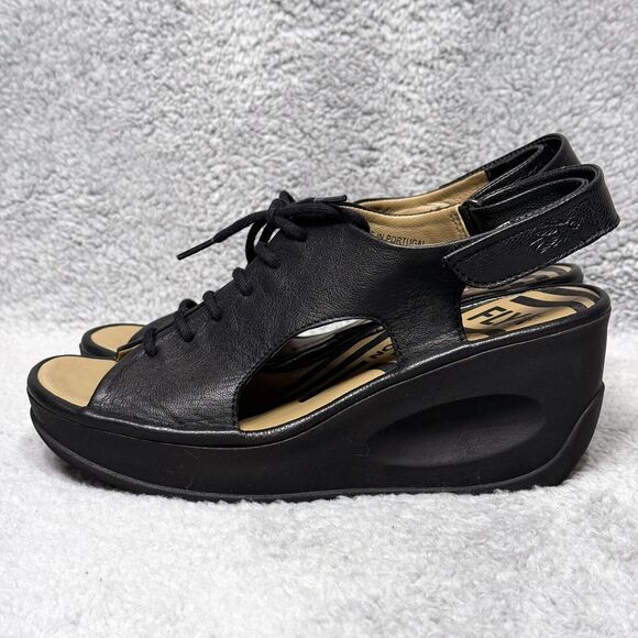 Fly London Jart862Fly Womens Size 37 US 6-6.5 Wedge Sandals Shoes Black Leather - Picture 3 of 10